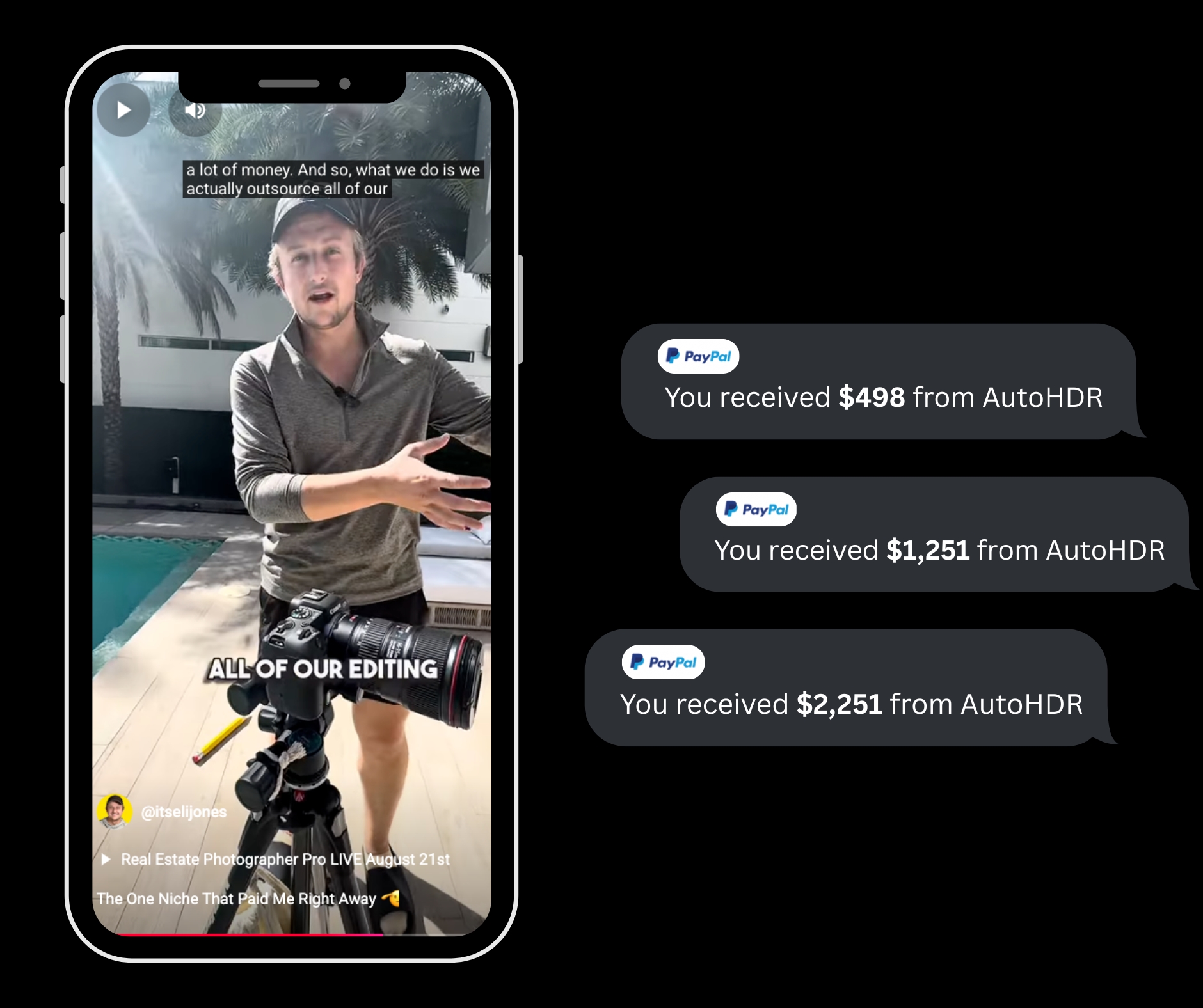 Affiliate earnings example showing PayPal payments from AutoHDR